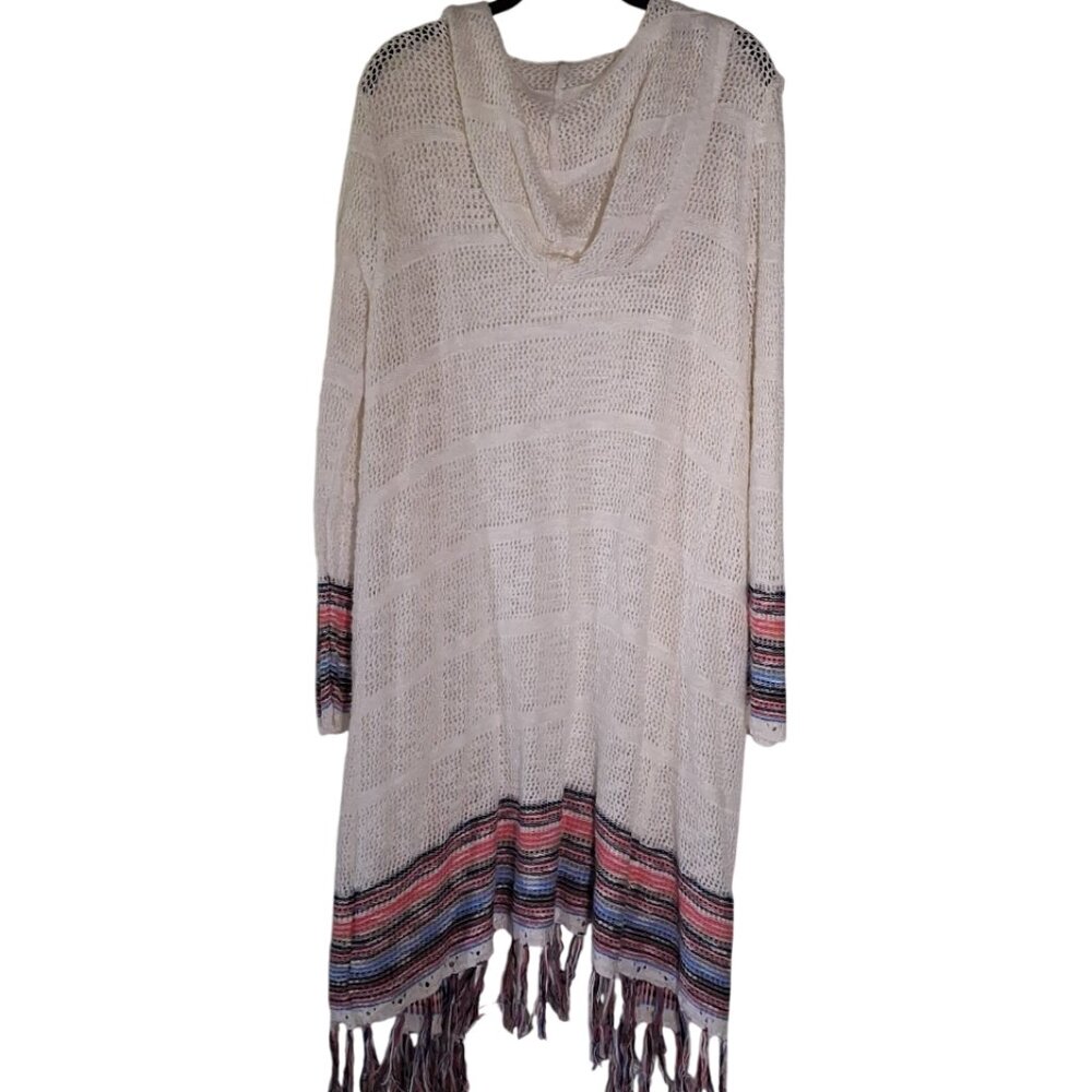 Cato long hooded cardigan, white with striped trim, size large